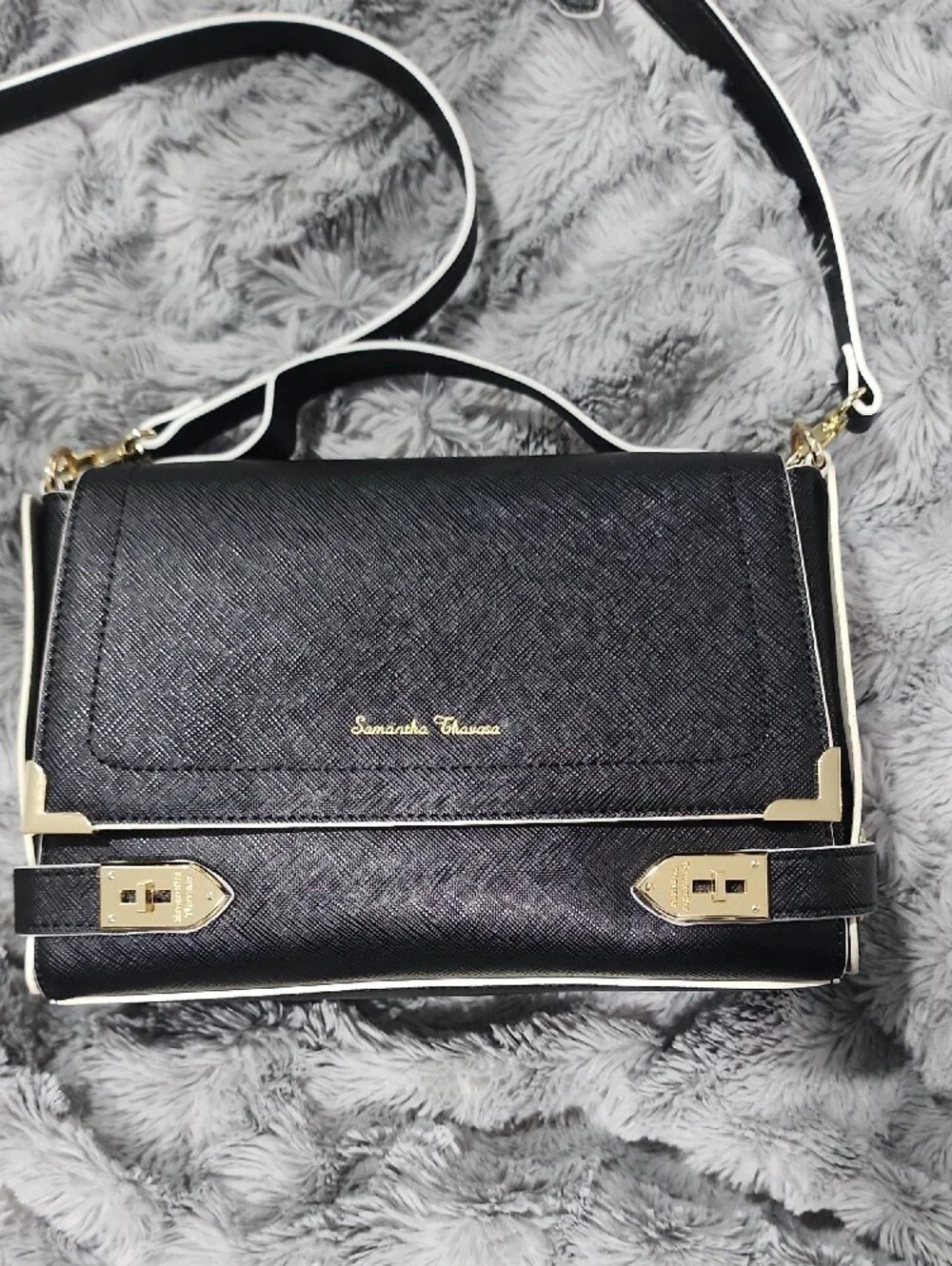 Samantha Thavasa Black Crossbody Bag with White Trim and Gold Hardware